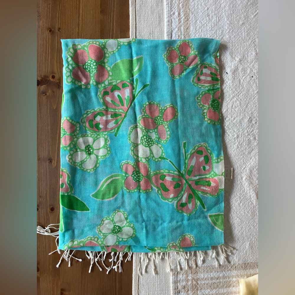 Lilly Pulitzer Turquoise Pink Green Floral Silk-Cashmere Scarf